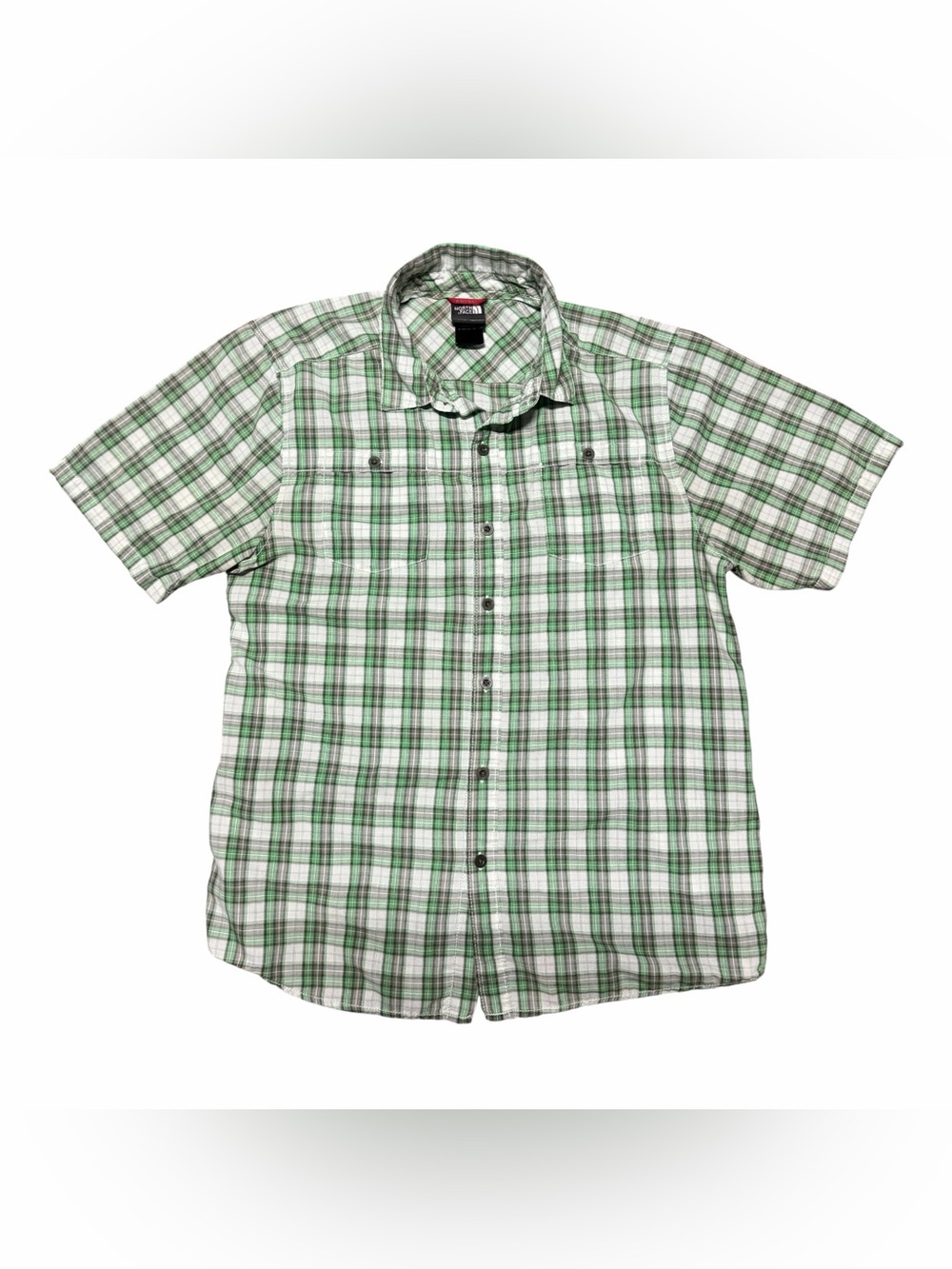 The North Face Green and White Plaid Short-Sleeve Button-Up Shirt
